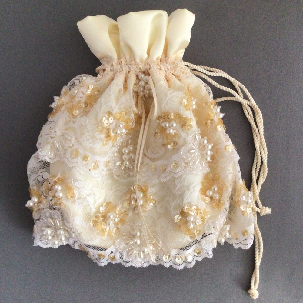Vintage Beverly Clark Collection satin, pearl, and lace drawstring bridal bag